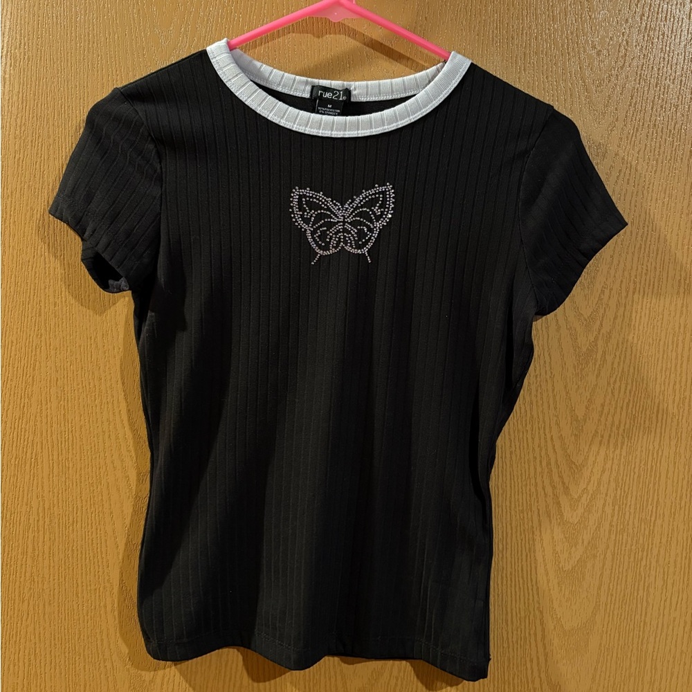 Black and White Butterfly Embellished Top